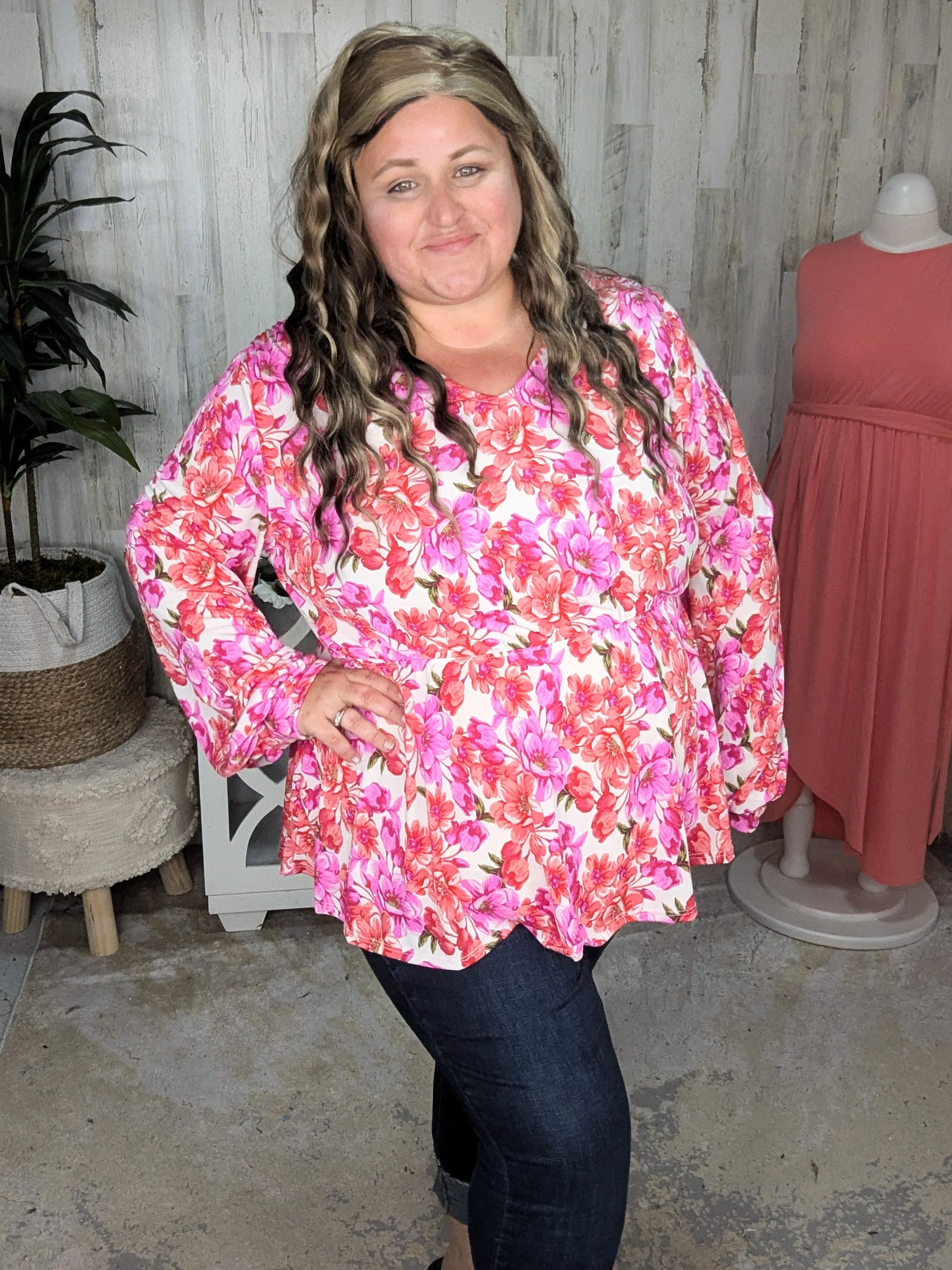 Fiora Kimono Style Top w/Tie Back in Ivory Bright Floral