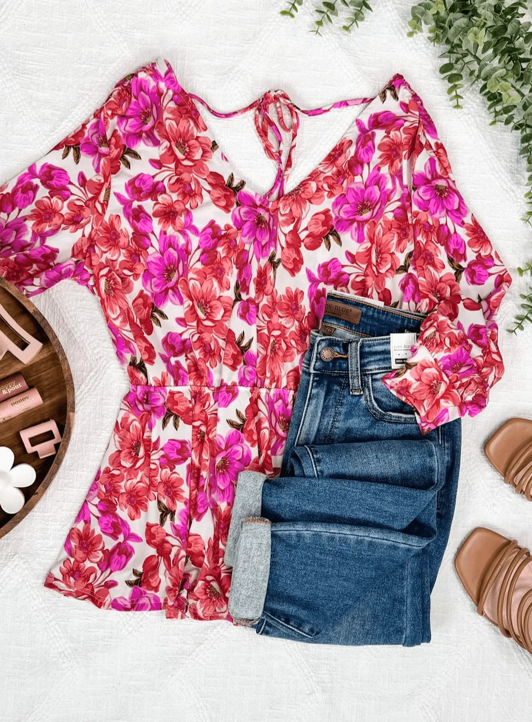 Fiora Kimono Style Top w/Tie Back in Ivory Bright Floral
