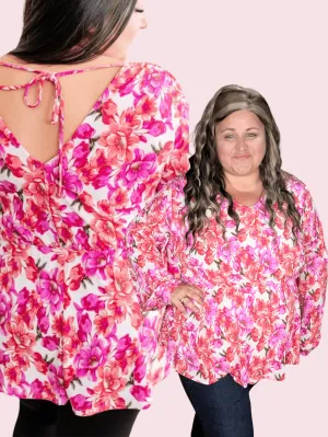 Fiora Kimono Style Top w/Tie Back in Ivory Bright Floral