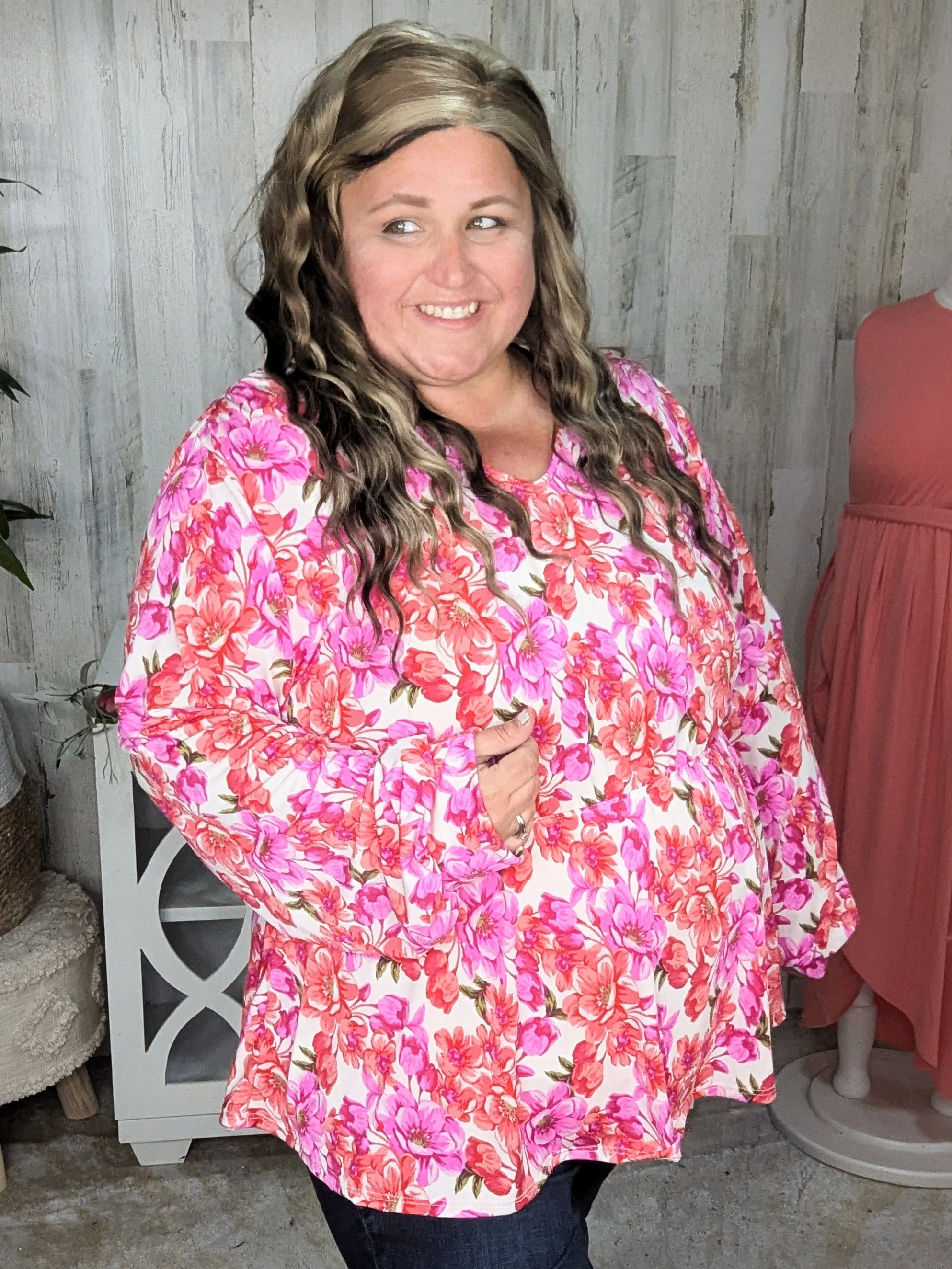 Fiora Kimono Style Top w/Tie Back in Ivory Bright Floral