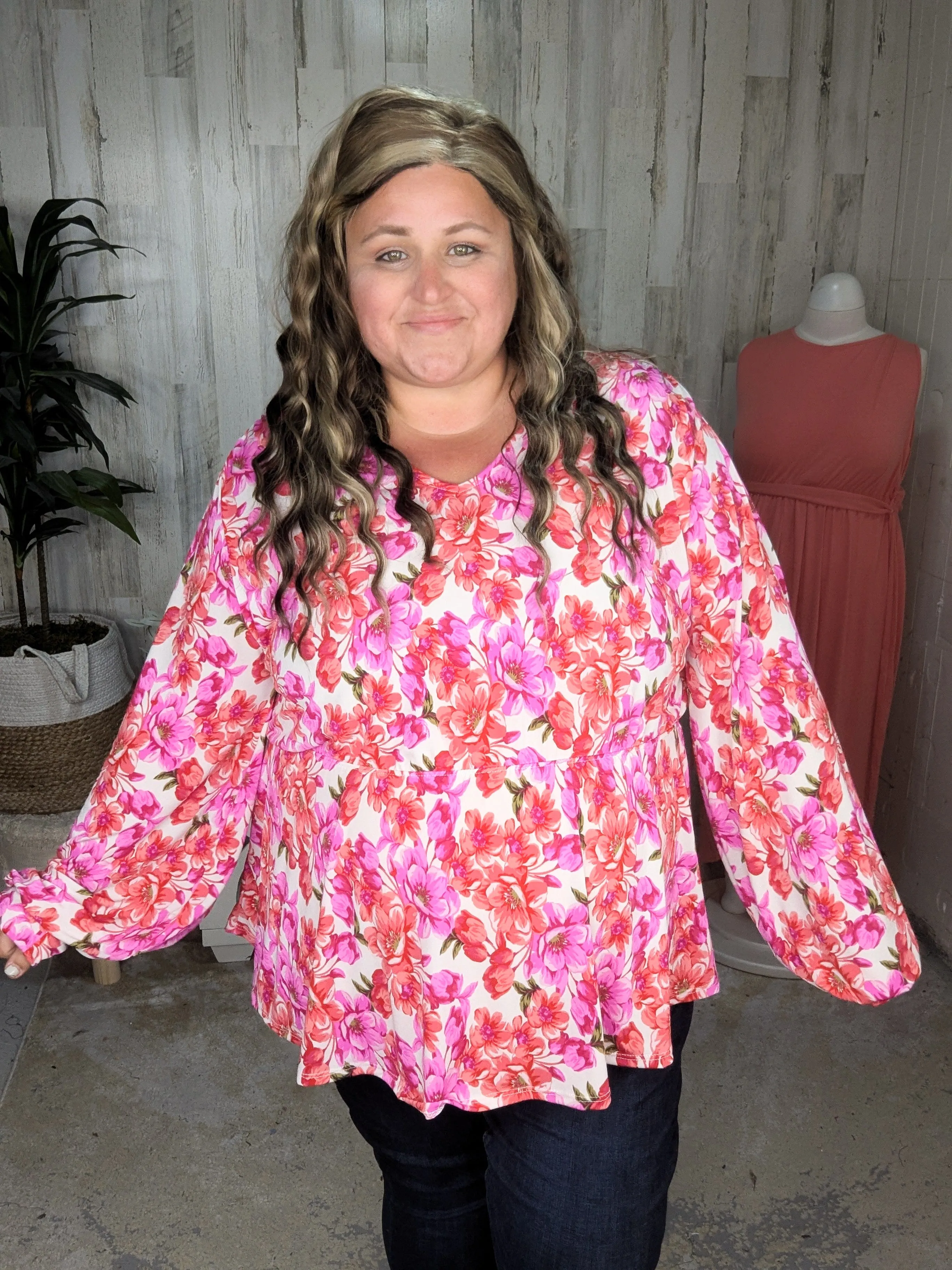 Fiora Kimono Style Top w/Tie Back in Ivory Bright Floral