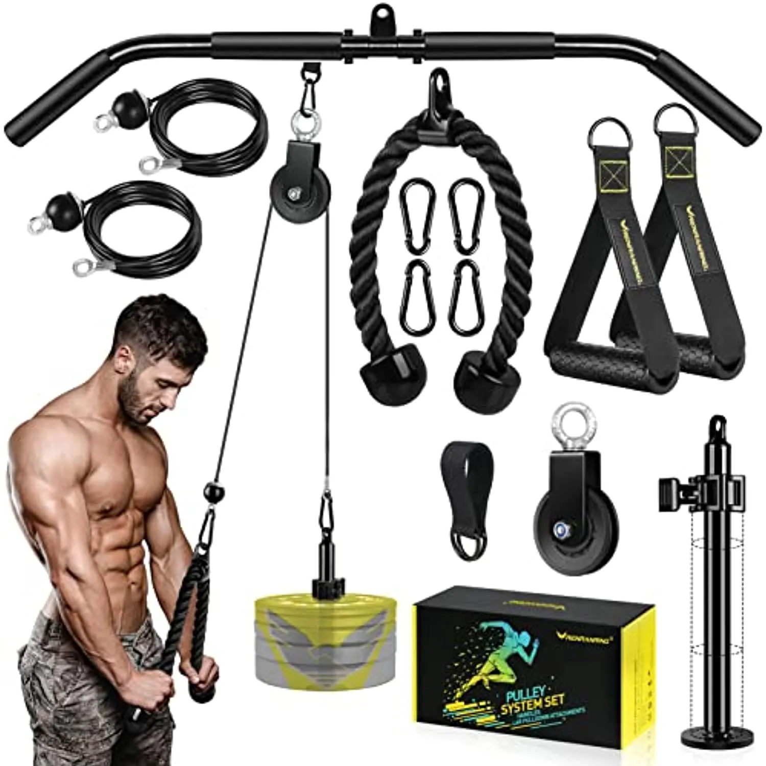 Fitness LAT and Lift Pulley System Gym - Upgraded LAT Pull Down Cable Machine Attachments, Loading Pin, Handle and Tricep Rope, for Biceps Curl, Forearm, Triceps Exercise Home Gym Equipment