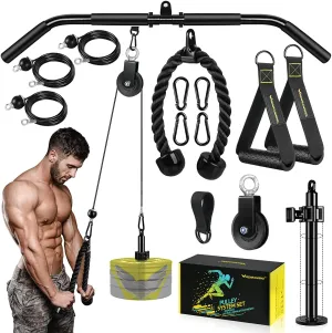 Fitness LAT and Lift Pulley System Gym - Upgraded LAT Pull Down Cable Machine Attachments, Loading Pin, Handle and Tricep Rope, for Biceps Curl, Forearm, Triceps Exercise Home Gym Equipment