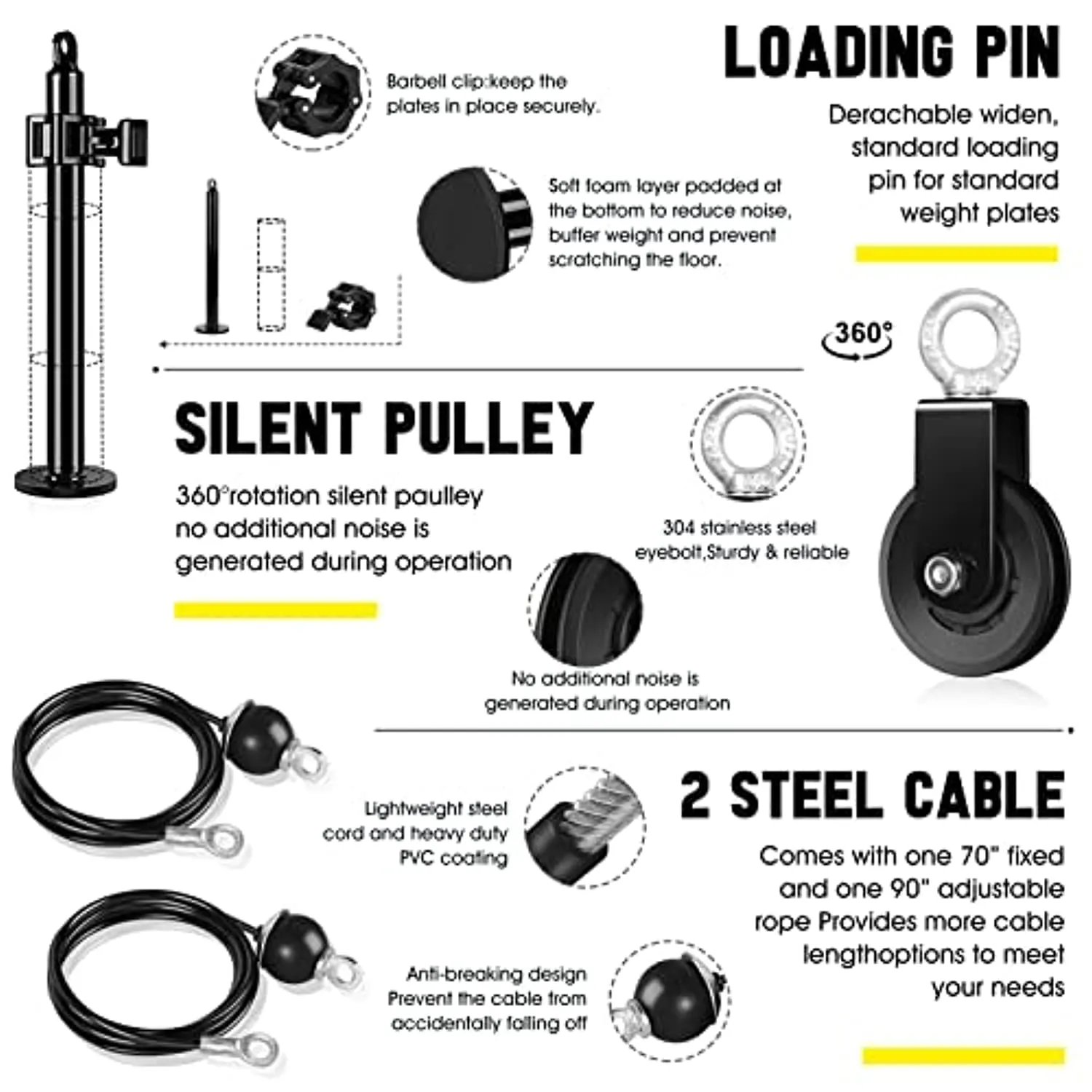 Fitness LAT and Lift Pulley System Gym - Upgraded LAT Pull Down Cable Machine Attachments, Loading Pin, Handle and Tricep Rope, for Biceps Curl, Forearm, Triceps Exercise Home Gym Equipment