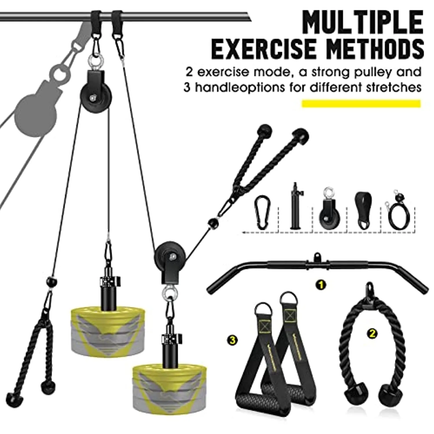 Fitness LAT and Lift Pulley System Gym - Upgraded LAT Pull Down Cable Machine Attachments, Loading Pin, Handle and Tricep Rope, for Biceps Curl, Forearm, Triceps Exercise Home Gym Equipment