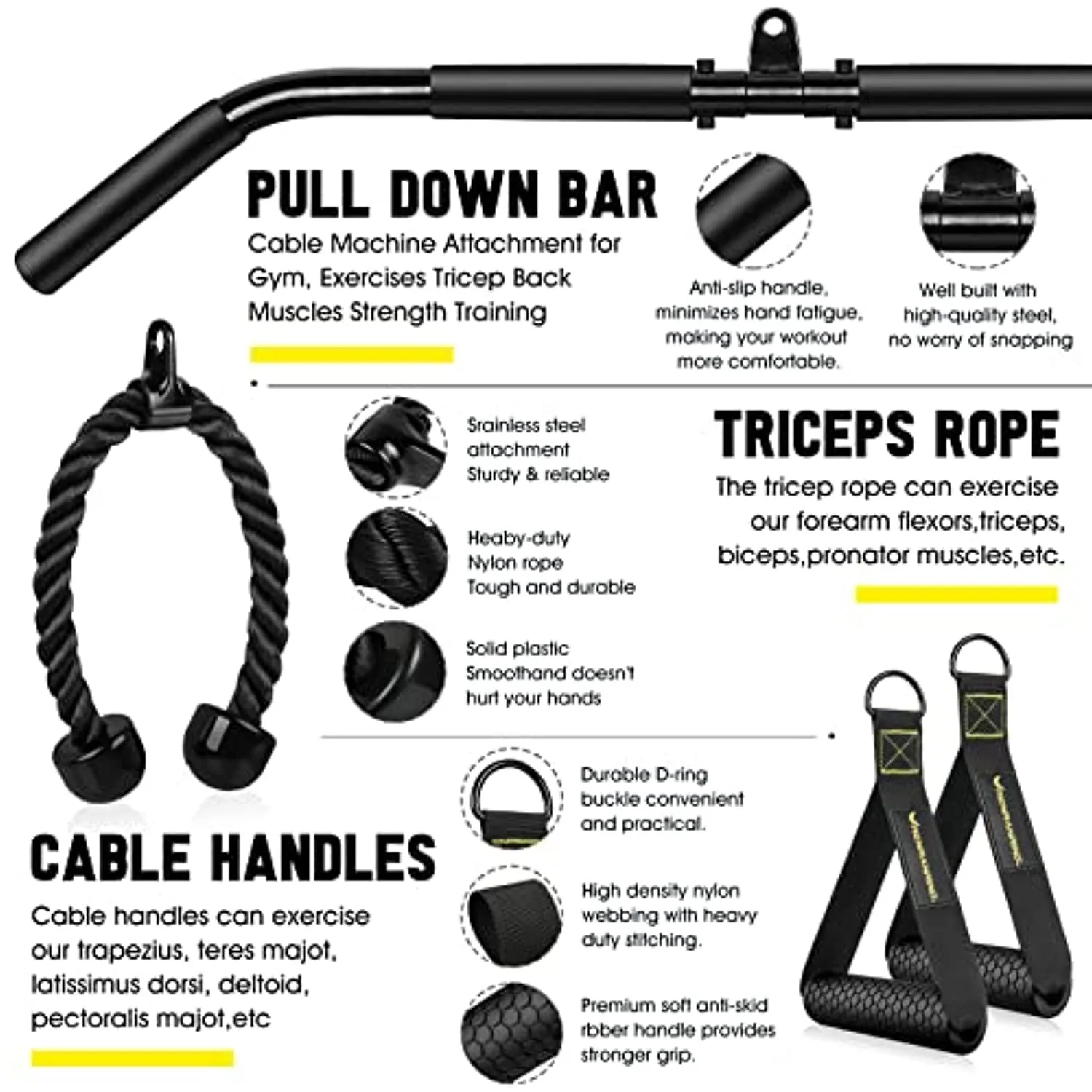 Fitness LAT and Lift Pulley System Gym - Upgraded LAT Pull Down Cable Machine Attachments, Loading Pin, Handle and Tricep Rope, for Biceps Curl, Forearm, Triceps Exercise Home Gym Equipment