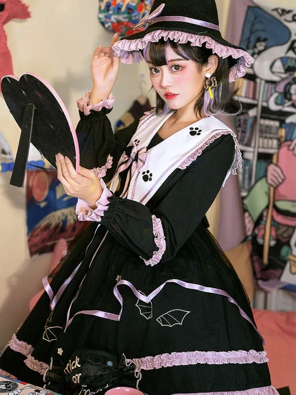 Gothic Lolita OP Dress Color Block Long Sleeves Ruffles Pleated Lace Up Black Lolita One Piece Dress