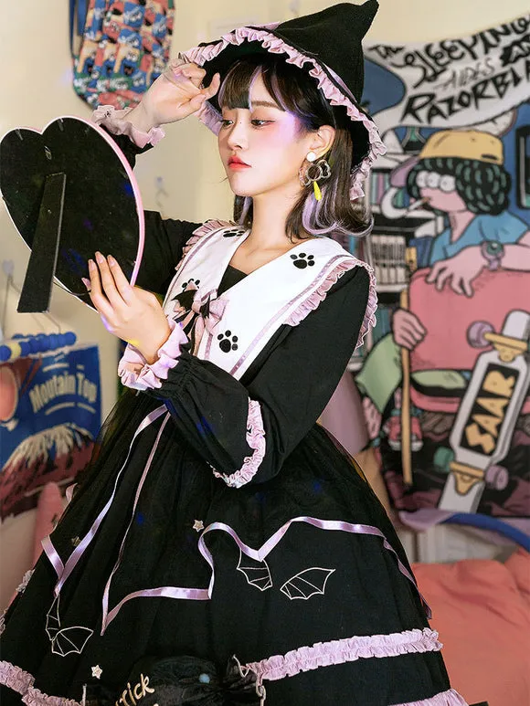 Gothic Lolita OP Dress Color Block Long Sleeves Ruffles Pleated Lace Up Black Lolita One Piece Dress