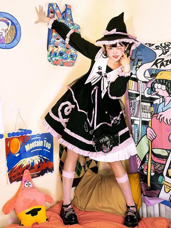 Gothic Lolita OP Dress Color Block Long Sleeves Ruffles Pleated Lace Up Black Lolita One Piece Dress