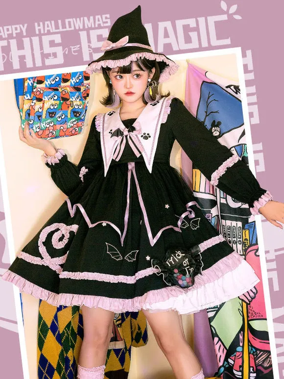 Gothic Lolita OP Dress Color Block Long Sleeves Ruffles Pleated Lace Up Black Lolita One Piece Dress