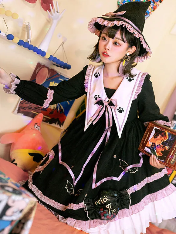 Gothic Lolita OP Dress Color Block Long Sleeves Ruffles Pleated Lace Up Black Lolita One Piece Dress
