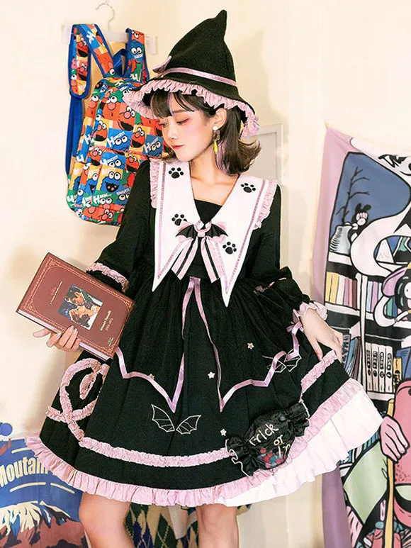 Gothic Lolita OP Dress Color Block Long Sleeves Ruffles Pleated Lace Up Black Lolita One Piece Dress