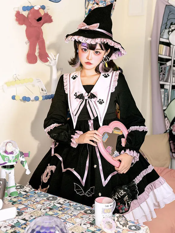 Gothic Lolita OP Dress Color Block Long Sleeves Ruffles Pleated Lace Up Black Lolita One Piece Dress