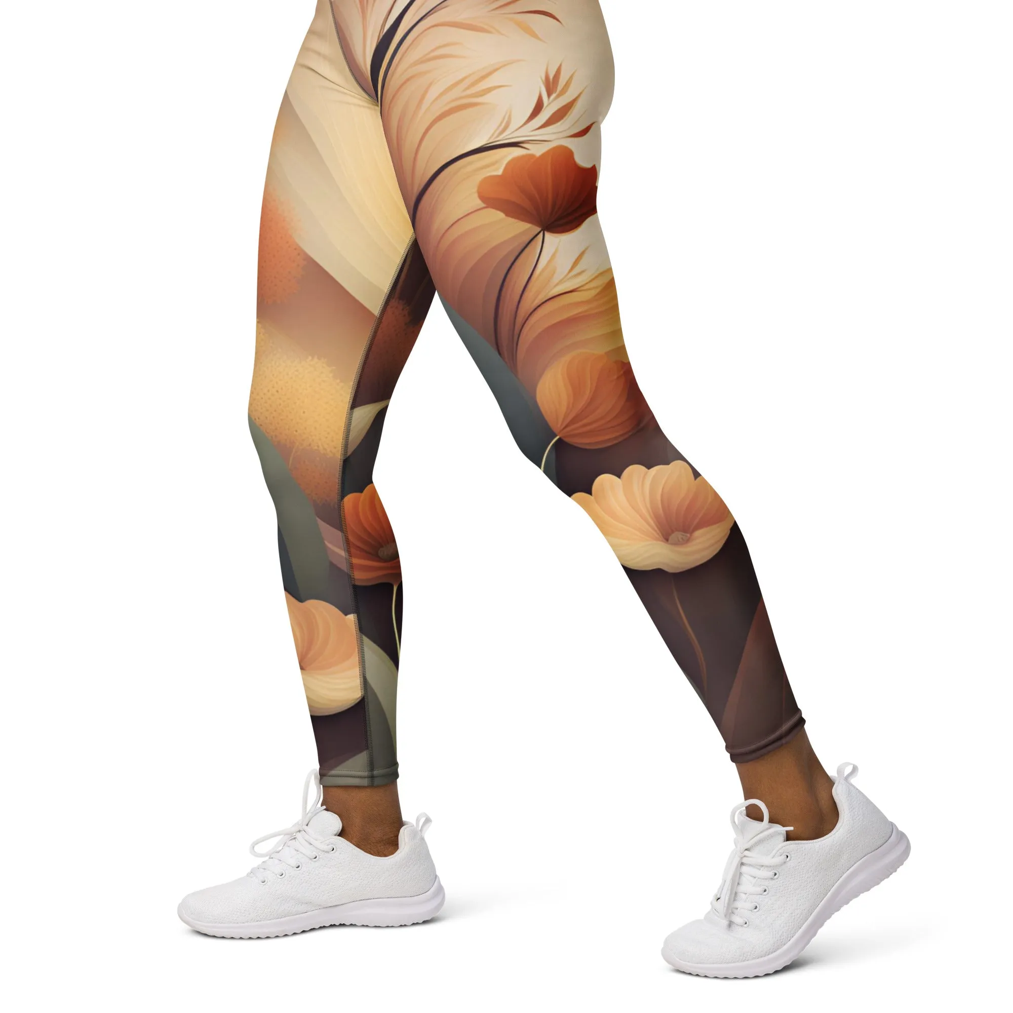 Gray and Tan Chaitanya Abara Fall Floral Yoga Leggings w Gray Band