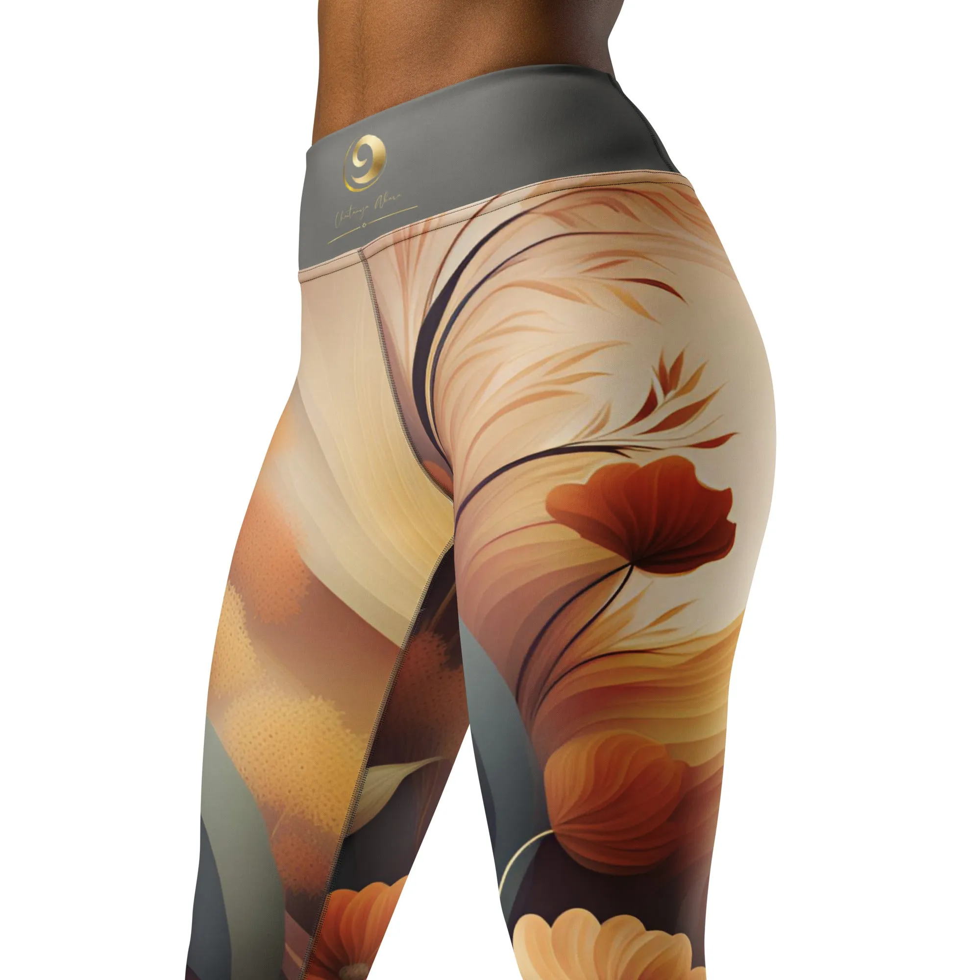 Gray and Tan Chaitanya Abara Fall Floral Yoga Leggings w Gray Band