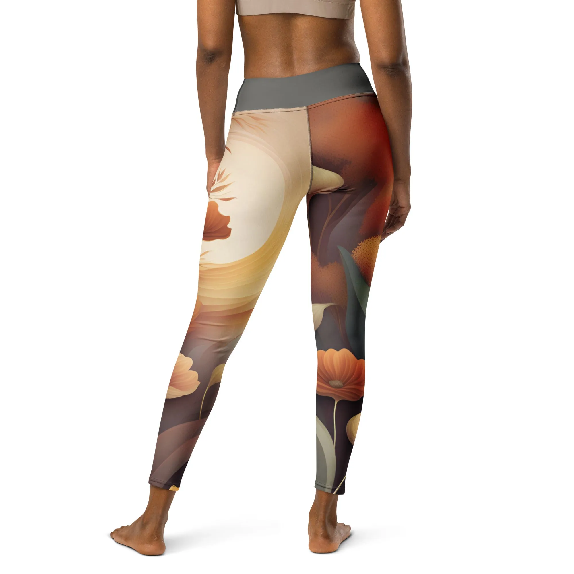 Gray and Tan Chaitanya Abara Fall Floral Yoga Leggings w Gray Band