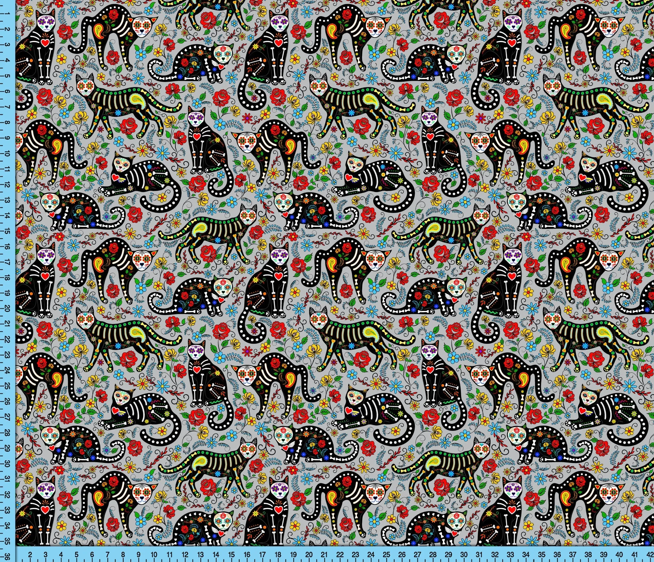 Gray Cats Fabric Print, Skeleton Cats Pattern, Day of the Dead Mexican Inspired Fabric Printed By the Yard