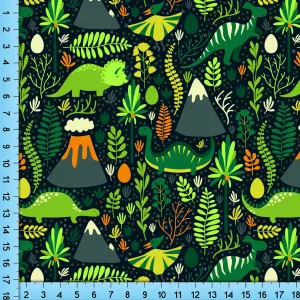 Green Dinosaur Jungle Fabric By the Yard on Jersey, Bullet, Polyester Poplin, Moisture Wick, Satin, 4 Way Stretch