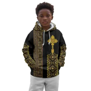 Habesha Motifs Ethiopia Kid Hoodie Tilet Black Gold LT7