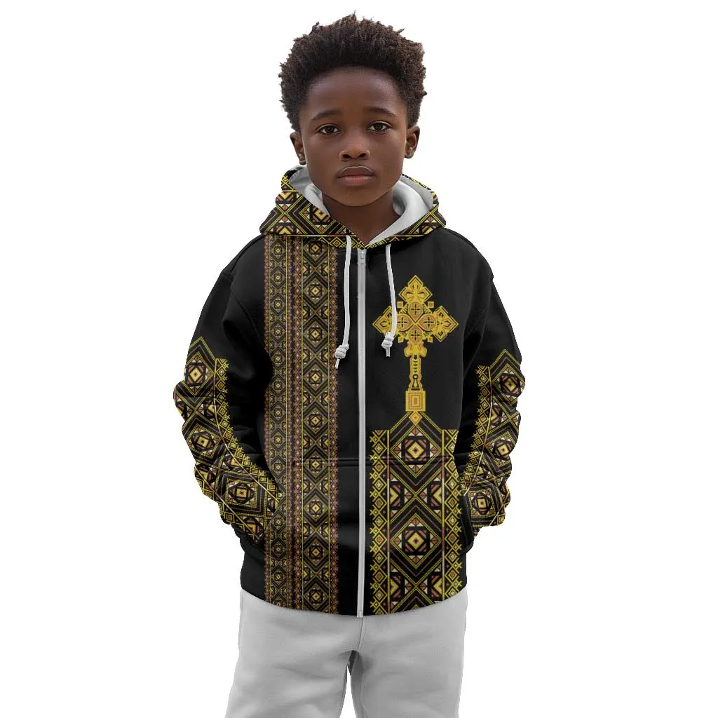 Habesha Motifs Ethiopia Kid Hoodie Tilet Black Gold LT7