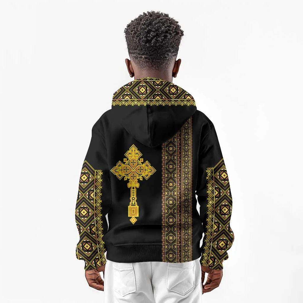 Habesha Motifs Ethiopia Kid Hoodie Tilet Black Gold LT7