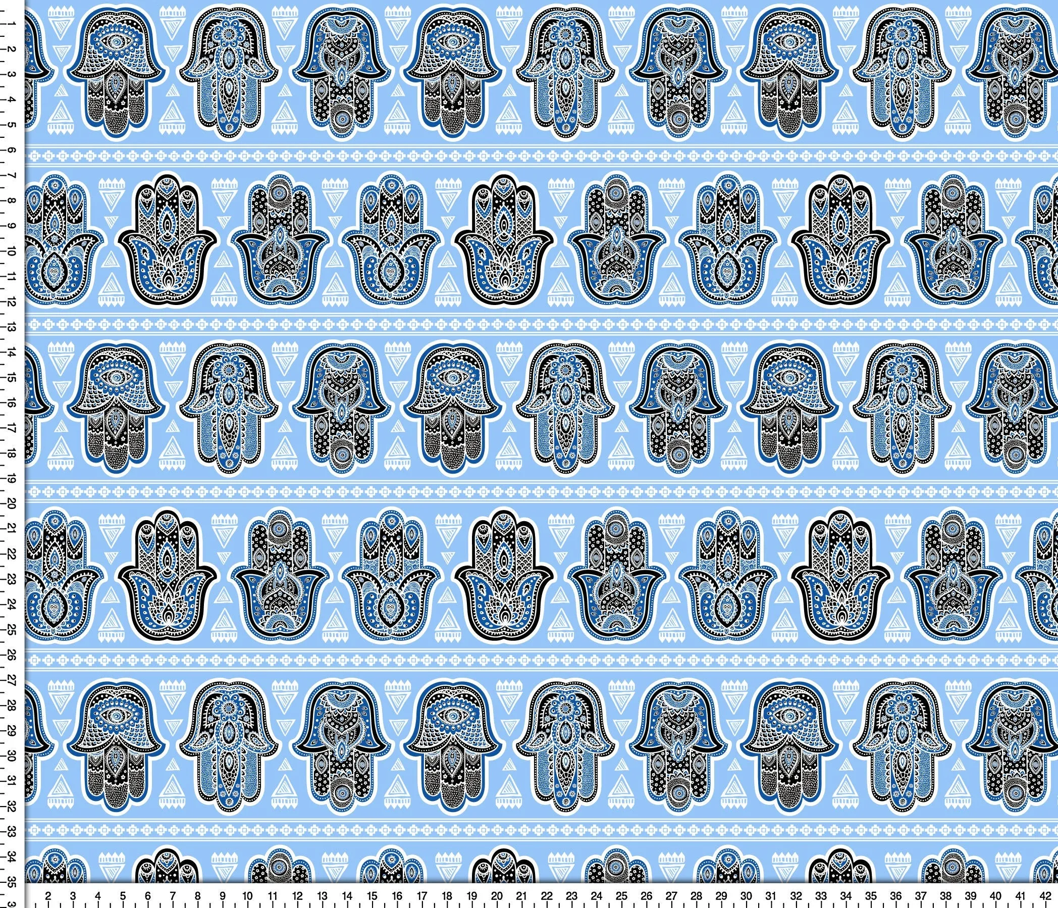 Hamsa Hand Blue, White, Black Fabric Pattern By the Yard. Hamsa Hand Of Fatima Moroccan Arabic Ornament Pattern Design