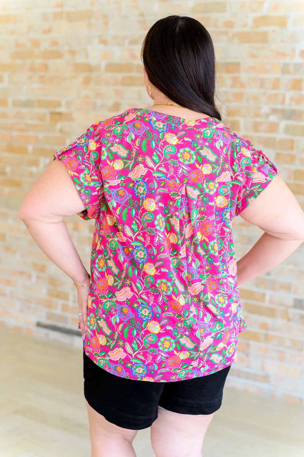 Hazel Blues® |  Lizzy Cap Sleeve Top in Fuchsia and Green Floral Paisley