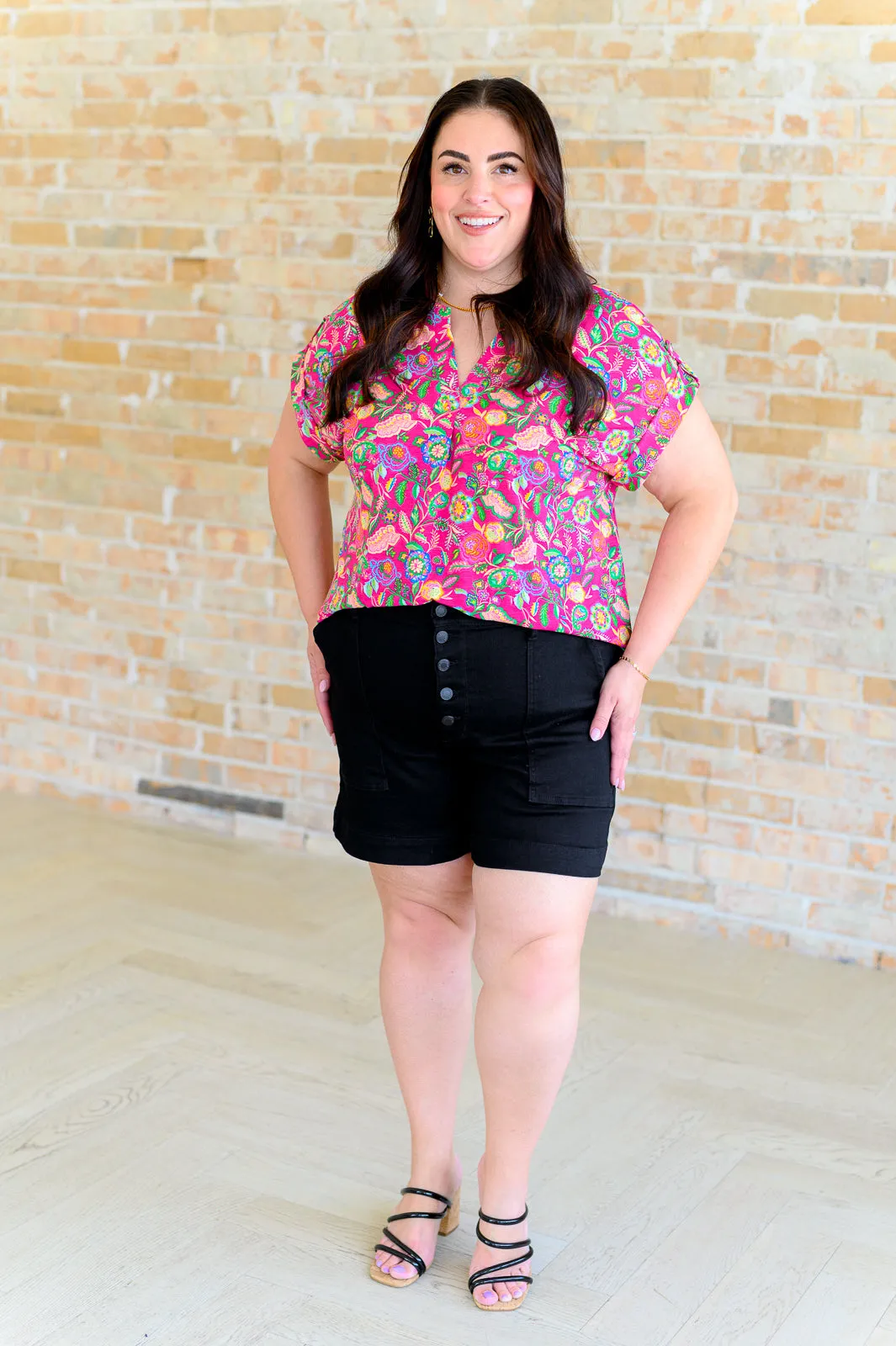 Hazel Blues® |  Lizzy Cap Sleeve Top in Fuchsia and Green Floral Paisley