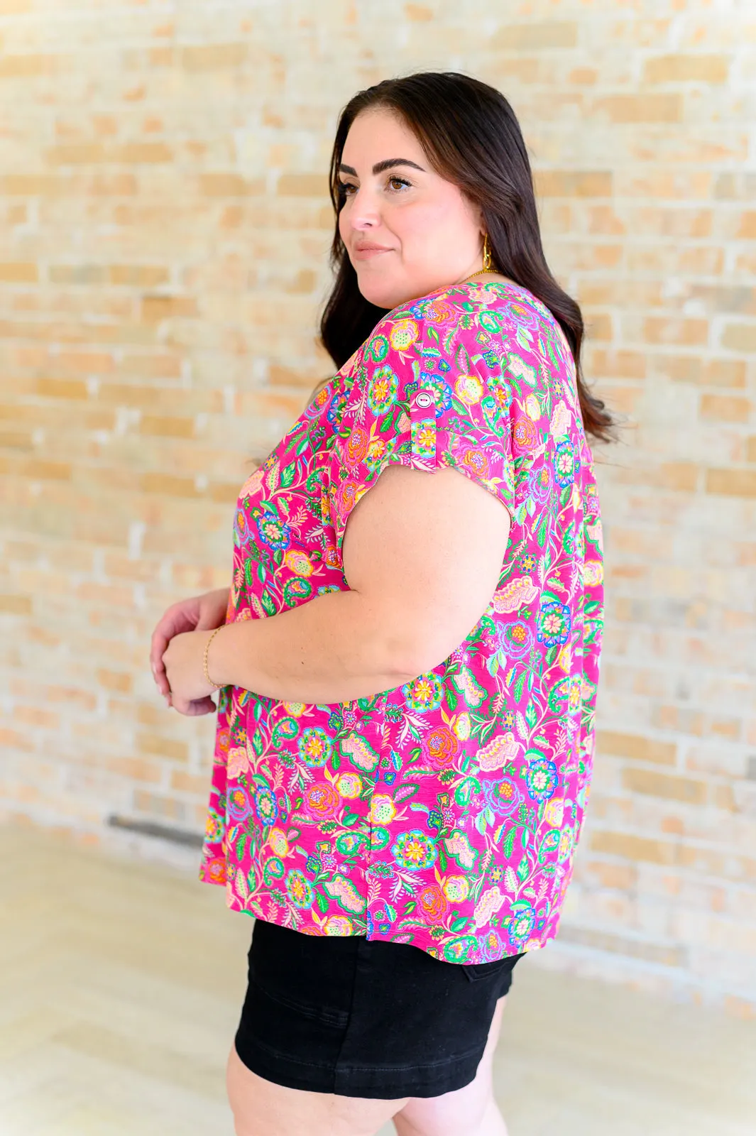 Hazel Blues® |  Lizzy Cap Sleeve Top in Fuchsia and Green Floral Paisley