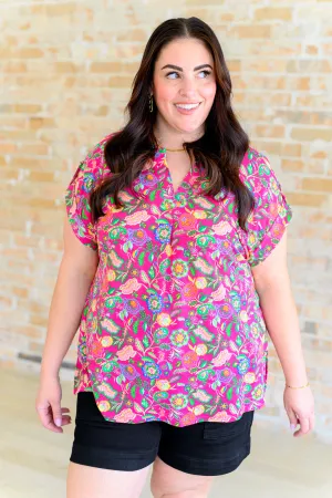 Hazel Blues® |  Lizzy Cap Sleeve Top in Fuchsia and Green Floral Paisley