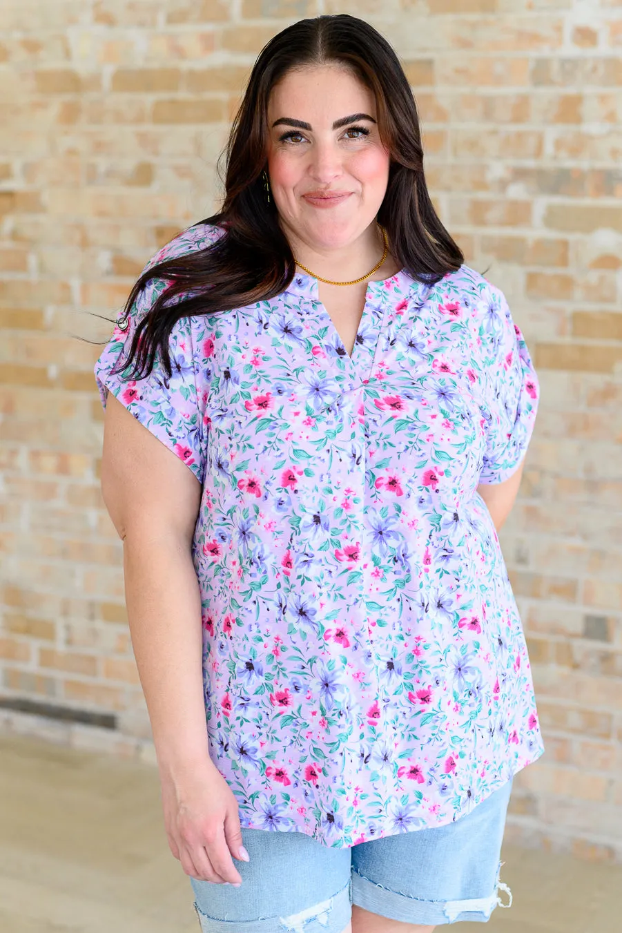 Hazel Blues® |  Lizzy Cap Sleeve Top in Muted Lavender and Pink Floral