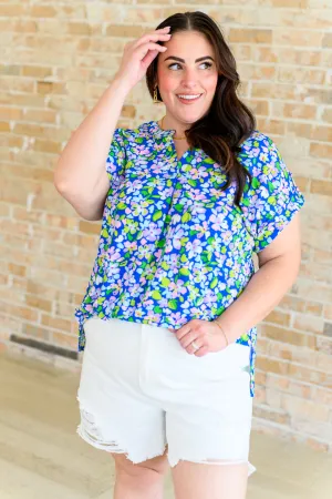 Hazel Blues® |  Lizzy Cap Sleeve Top in Royal and Pink Wildflower