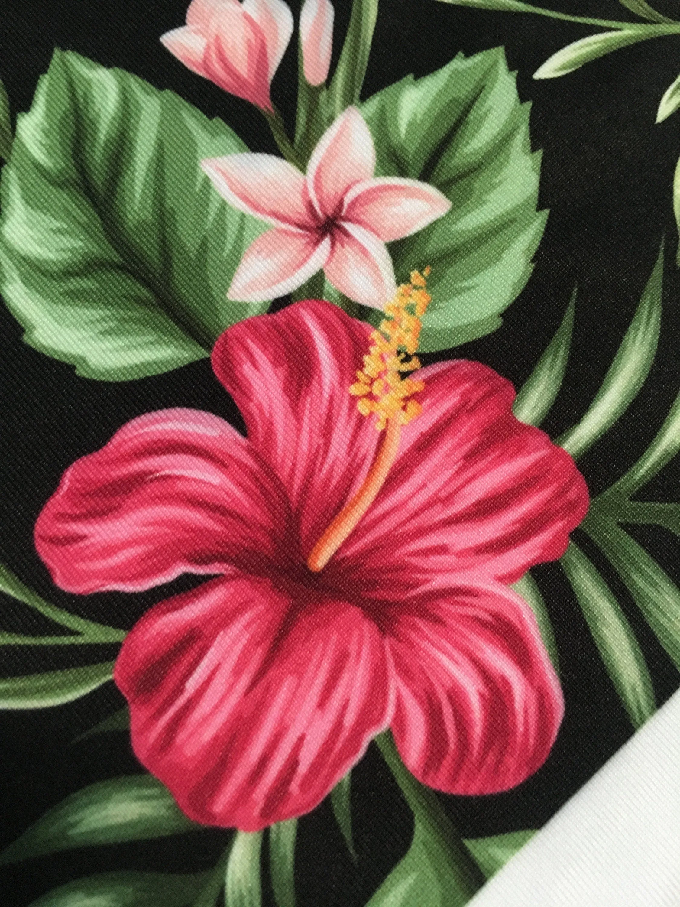 Hibiscus Flowers Fabric, Floral Pattern on Black Background  Printed By the Yard