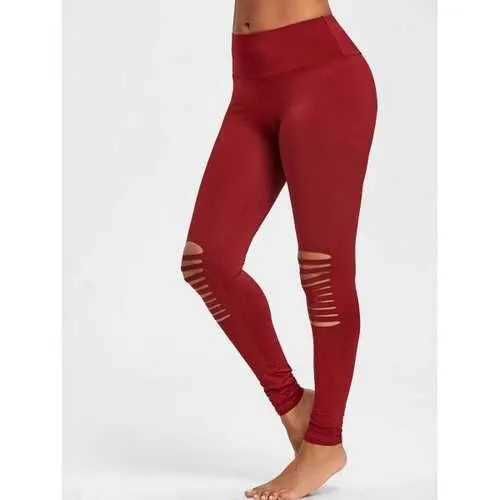 High Waist Knee Ripped Skinny Leggings - Wine Red M
