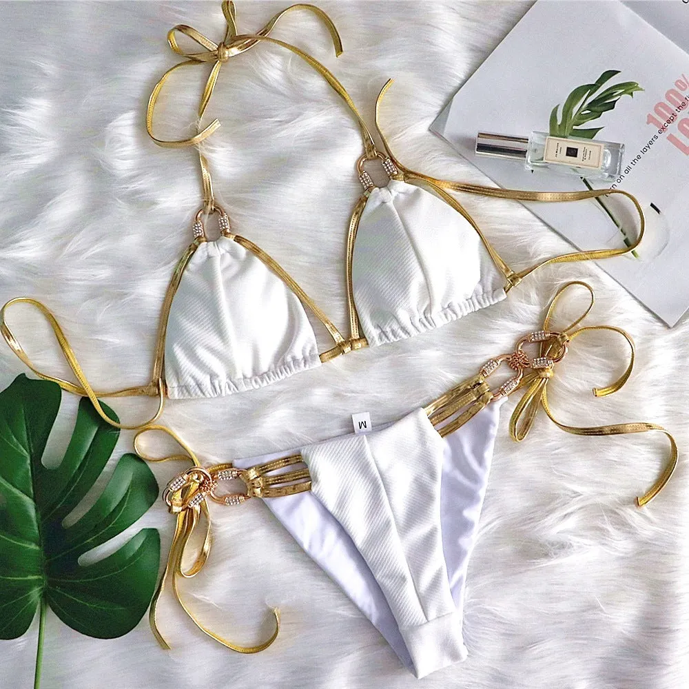 Hollow Solid Color High-end White Rich Crystal And Diamond Bikini