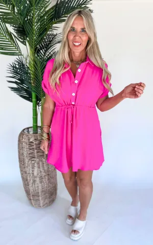 Hot Pink Solid Woven Button Dress - Final Sale
