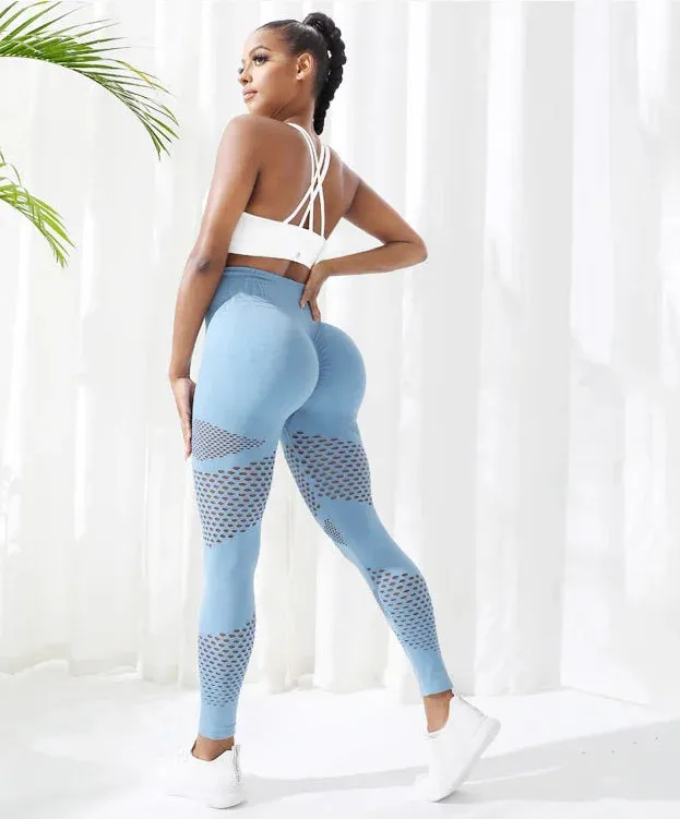 Hot Sexy Mesh Gym Sports Wear High Waist Workout Scrunch Butt Seamless Yoga Leggings For Women