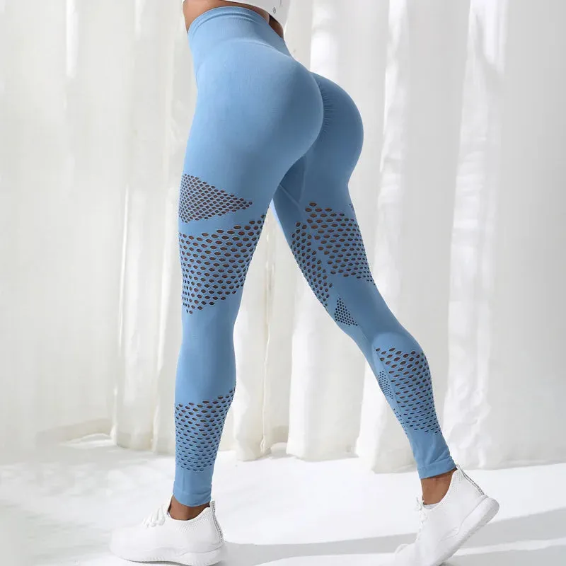 Hot Sexy Mesh Gym Sports Wear High Waist Workout Scrunch Butt Seamless Yoga Leggings For Women