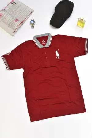 Jacquard Collar Embroidered Cotton Red Polo For Men