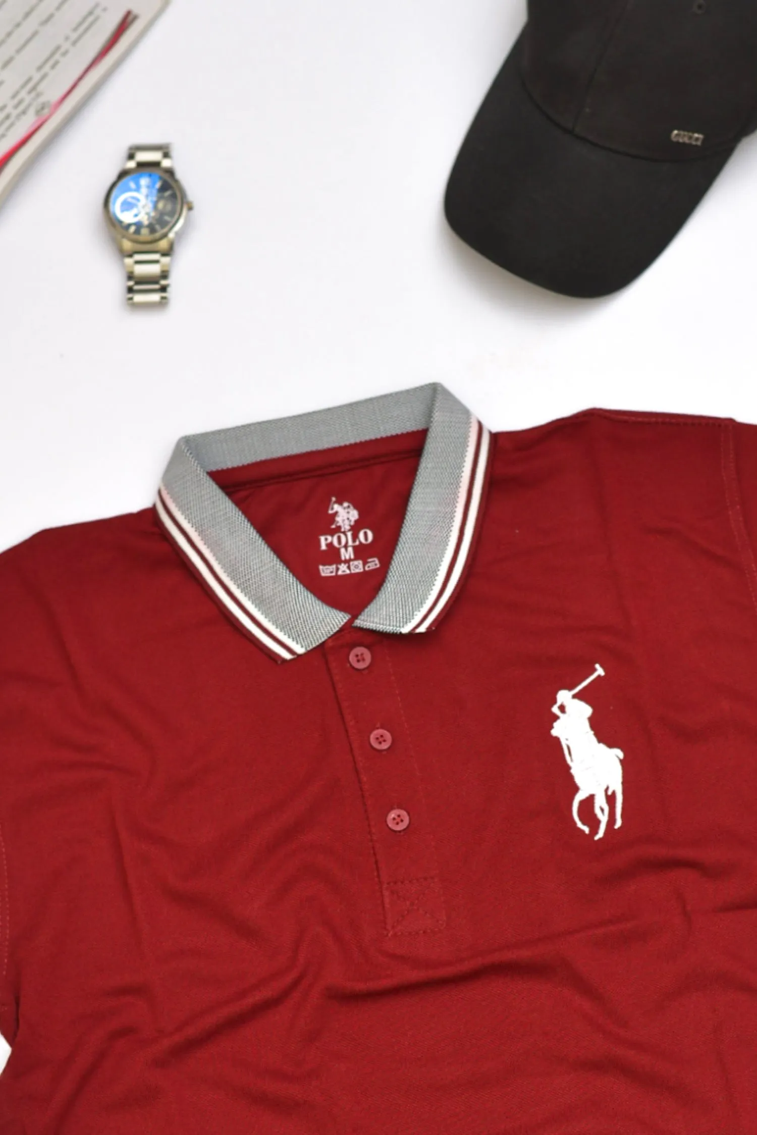Jacquard Collar Embroidered Cotton Red Polo For Men