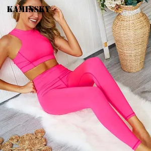 Kaminsky Two Piece Sets Women Zipper Top High Waist Leggings Skinny Sports Tracksuit Women Clothes Patchwork Fitness Sports Wear