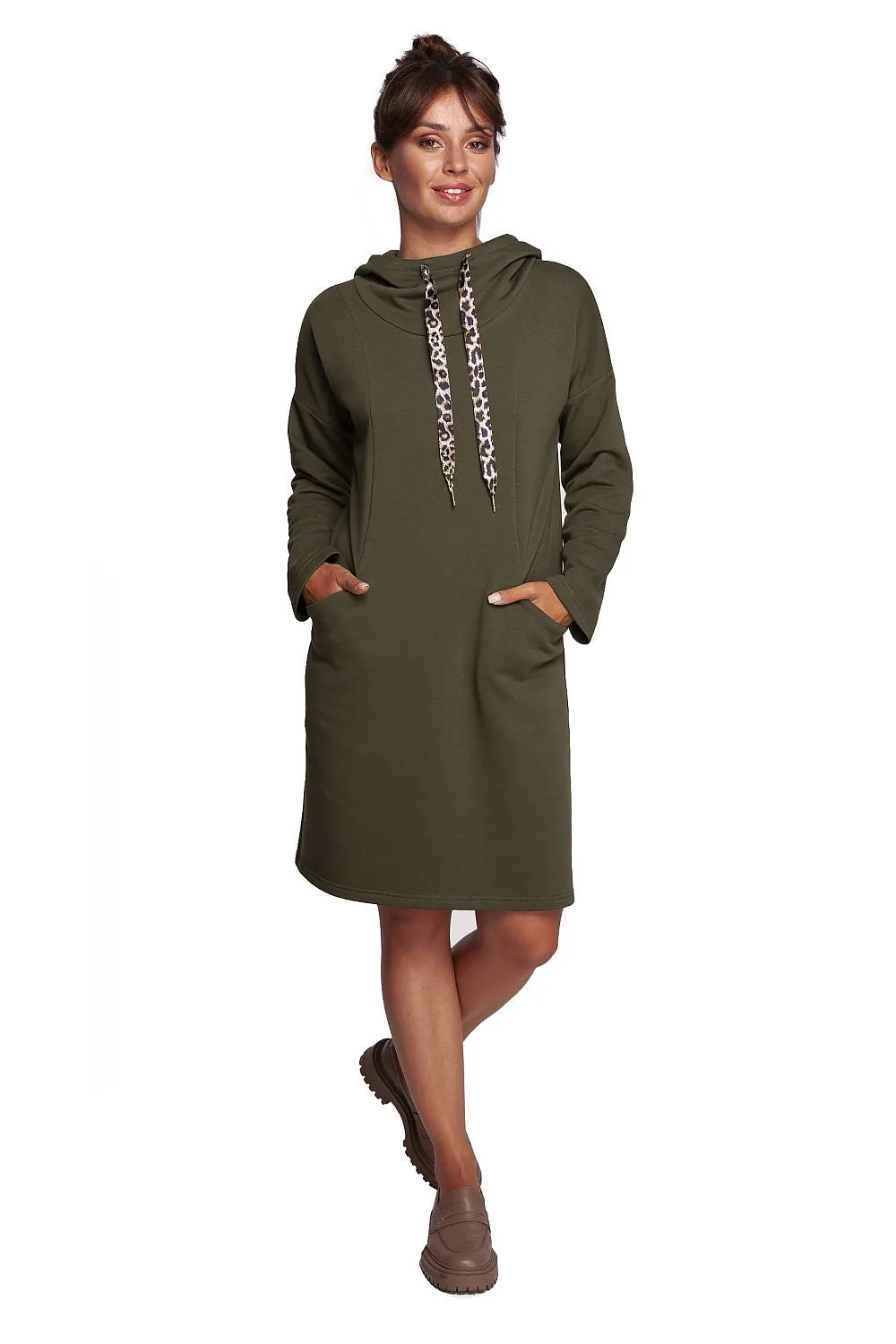 Leopard-Print High-Collar Hoodie Dress