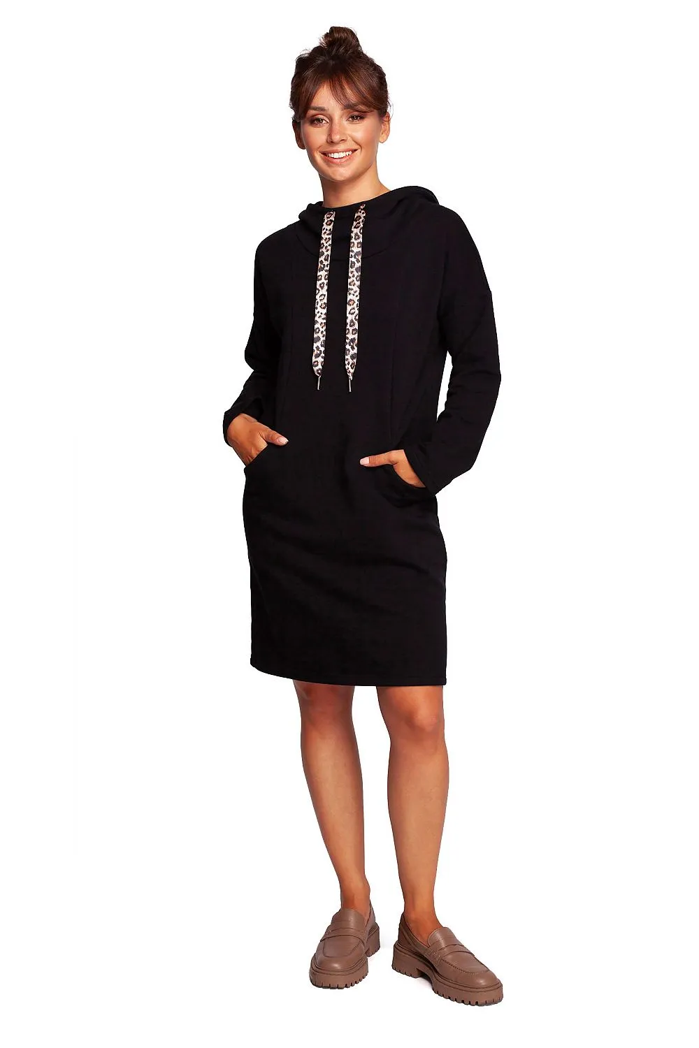 Leopard-Print High-Collar Hoodie Dress