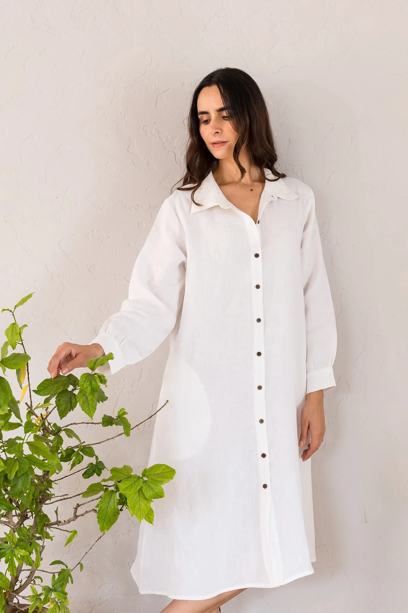 Linen Bray Shirt Dress-Angora White