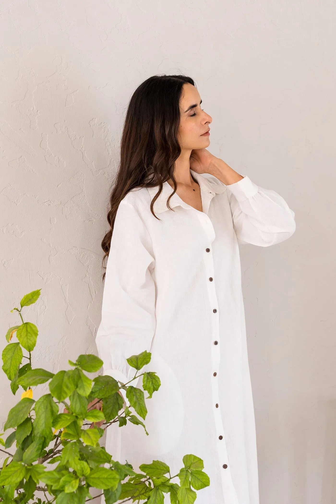 Linen Bray Shirt Dress-Angora White