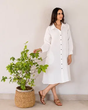 Linen Bray Shirt Dress-Angora White