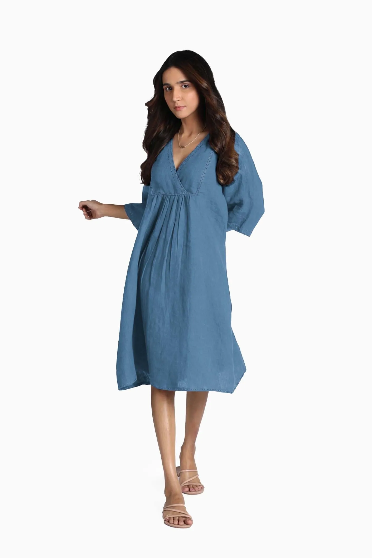 Linen Claire Midi Dress-Pacific Blue