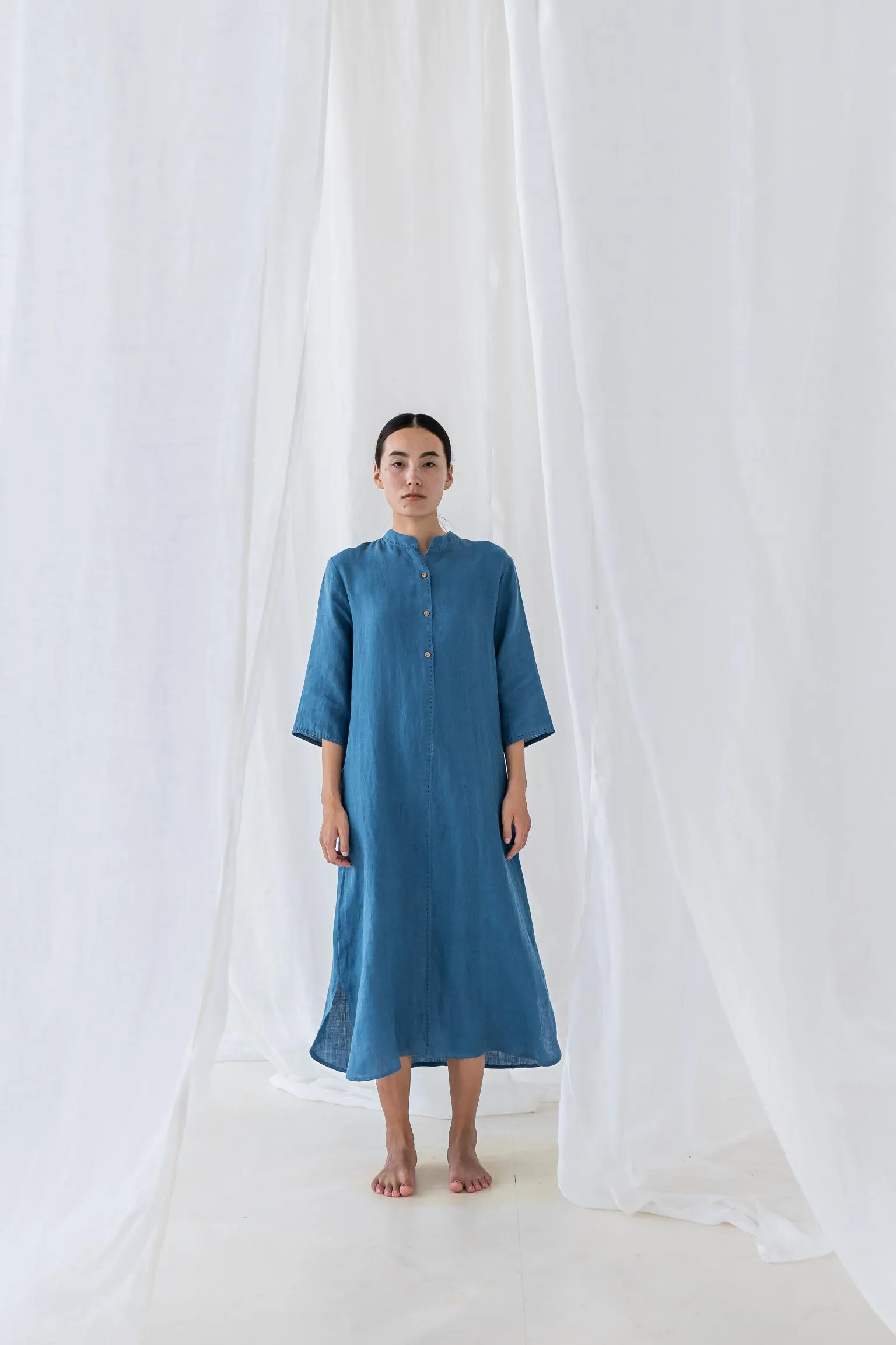 Linen Drizzle Shirt Dress-Pacific Blue
