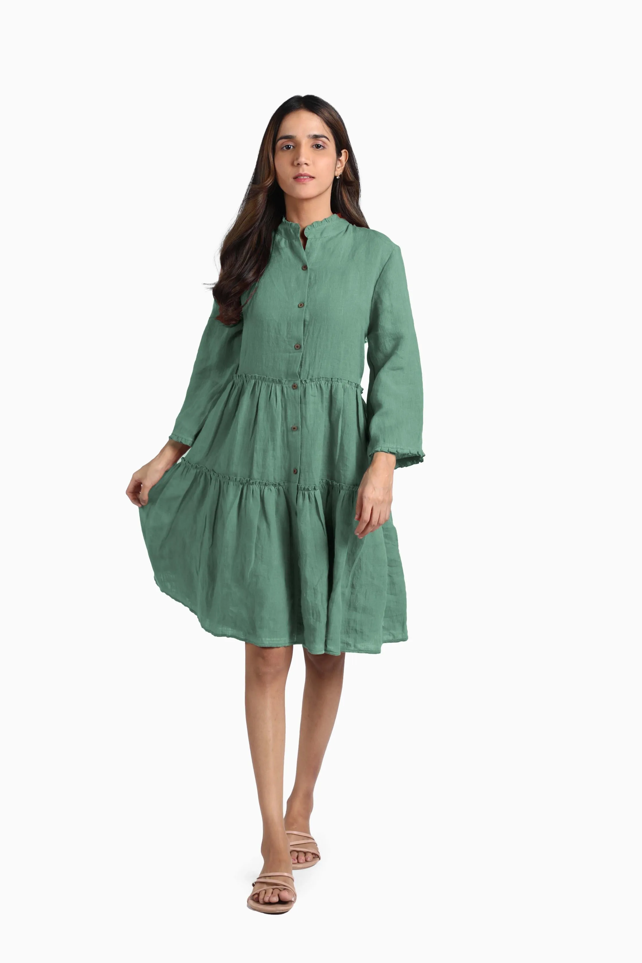 Linen Scarlet Midi Dress-Midnight Green