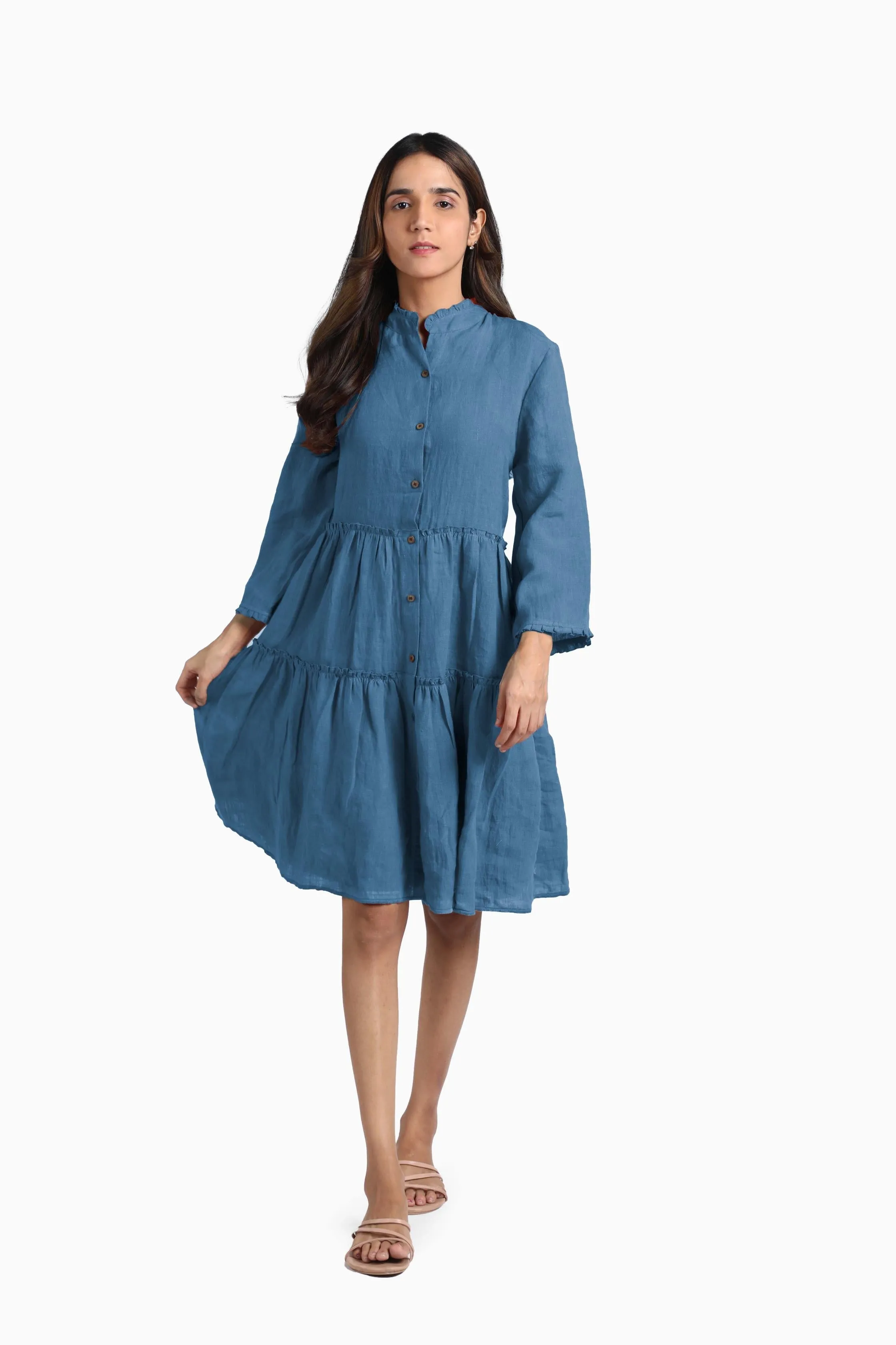 Linen Scarlet Midi Dress-Midnight Green